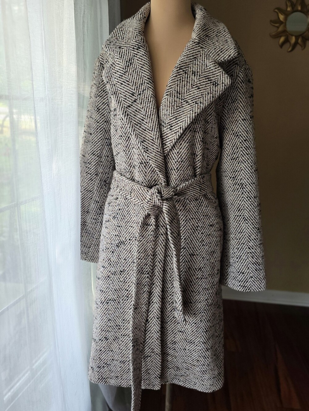 Herringbone Belted Long Wrap Coat Oversized Black Cream Nine West XL Fall Winter